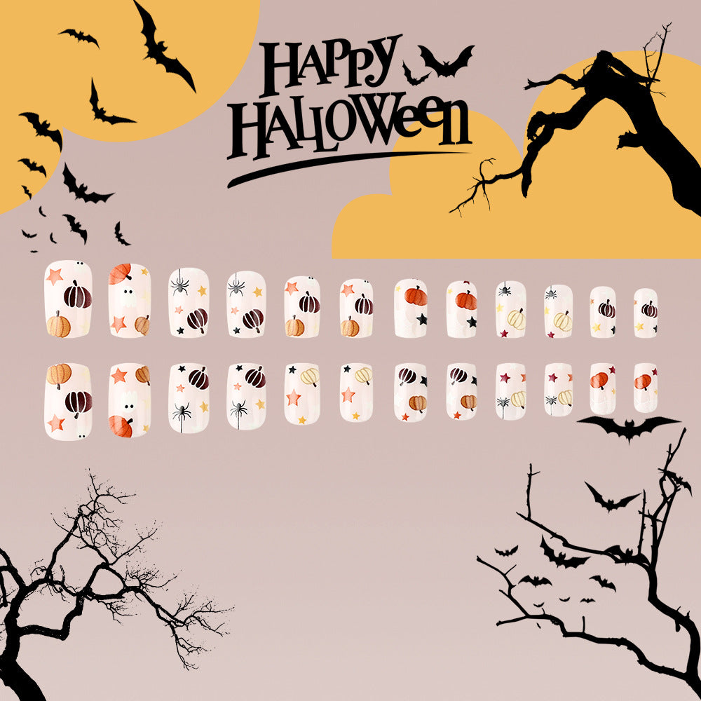 Halloween Delight Medium Square Orange and Black Pumpkin and Spider Pattern Press on Nail Set