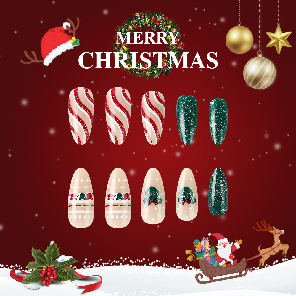 Festive Cheer Long Almond Press On Nail Set Red Green Glitter and Candy Cane Designs for a Merry Christmas Look