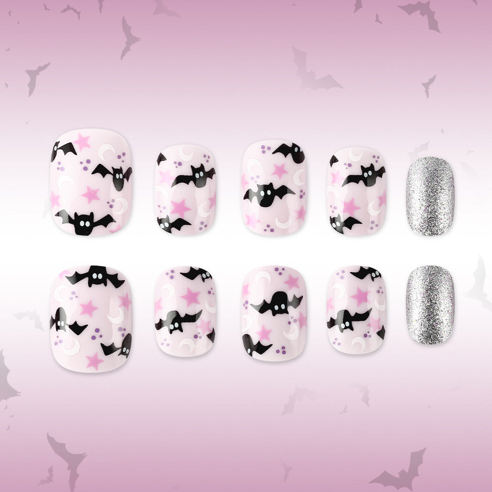 Spooky Bat Themed Short Square Pink with Glitter Accent Press On Nail Set