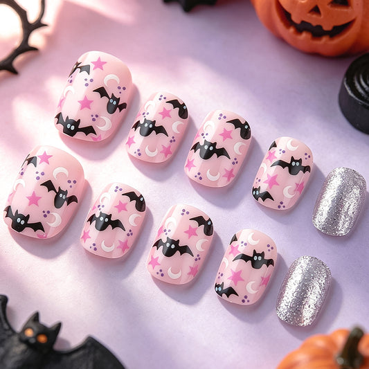 Spooky Delight Short Square Pink with Bat and Star Design Press on Nail Set