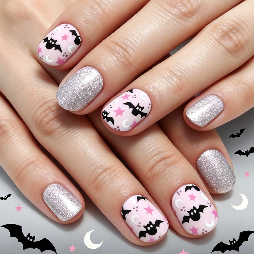 Spooky Night Short Square Pink and Glittery Bat Themed Press On Nail Set