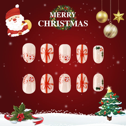 Festive Wonderland Short Round Ivory Press on Nails with Holiday Inspired Candy Cane and Bow Designs
