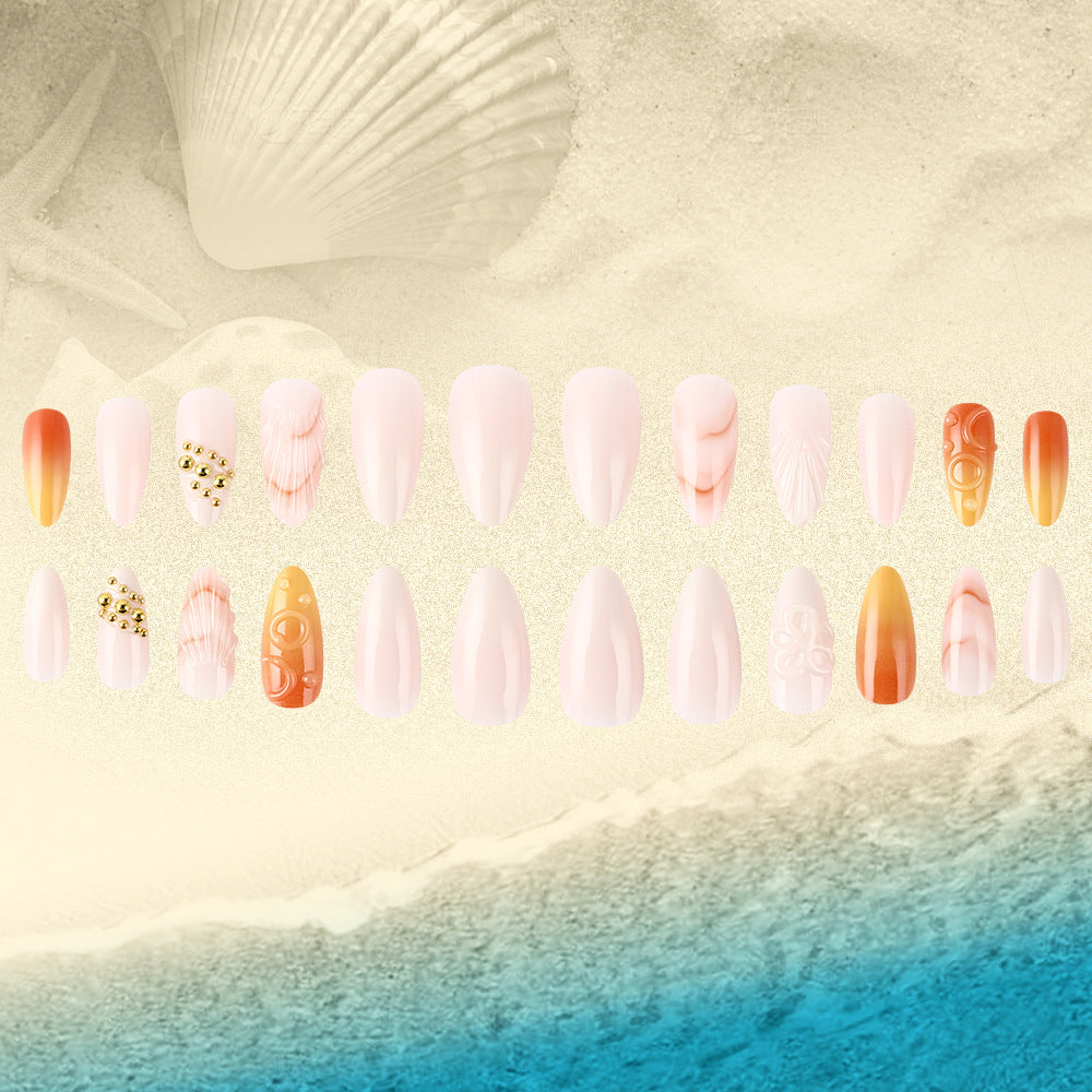 Tropical Sunset Long Almond Peachy Ombre with Unique Gold Accents Press-On Nail Set