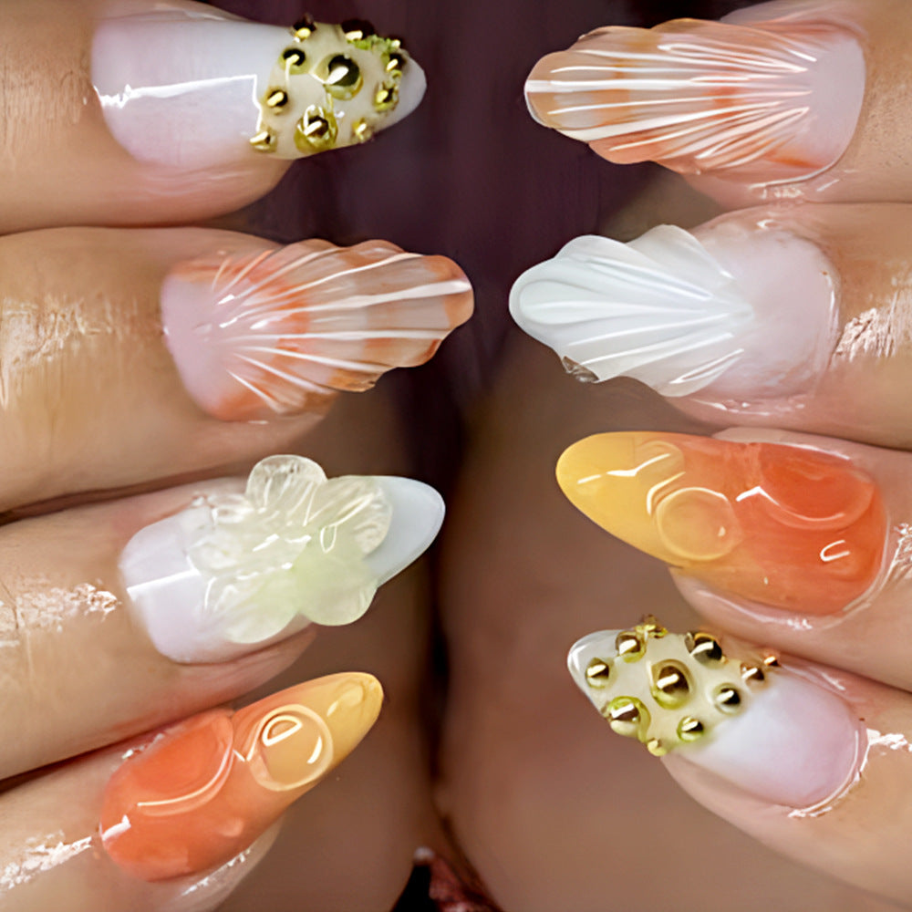 Whimsical Seashell Inspired Long Almond Shaped Soft Pastel with Unique Textured Accents Press-On Nail Set