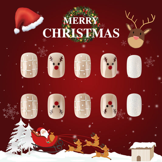 Nail art design with reindeer faces on a Christmas-themed background with Santa, reindeer, and snowflakes.