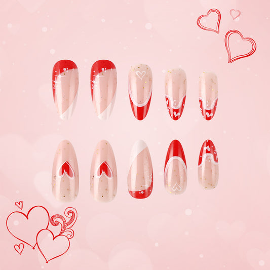 Love Struck Medium Almond Red and Beige Gradient with Heart Designs Press on Nail Set