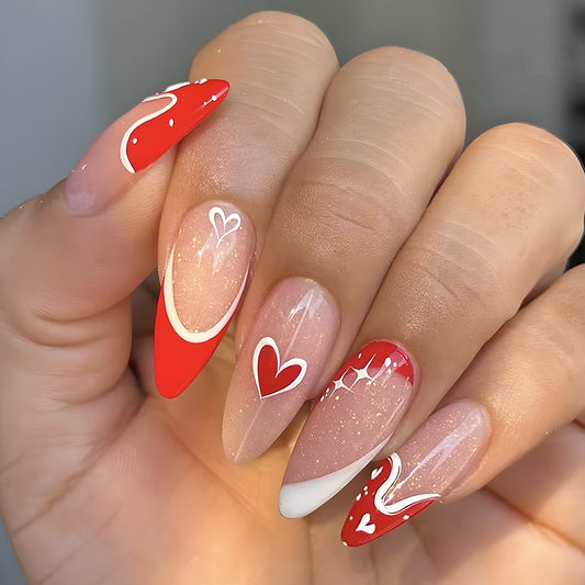Romantic Stiletto Medium Fiery Red and Soft Pink Heart Embellished Nail Set