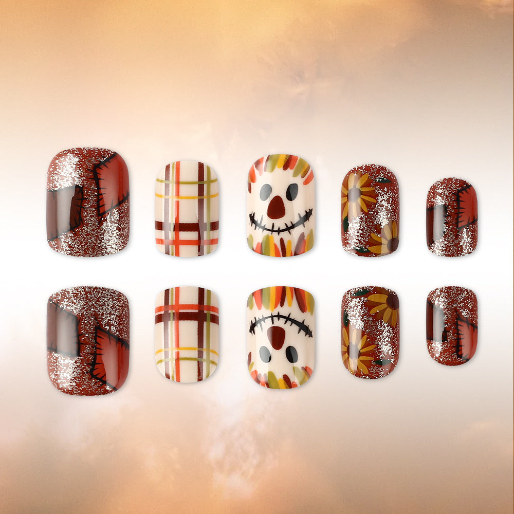Autumn Vibes Short Square Red and Glittery Harvest Design Press on Nail Set