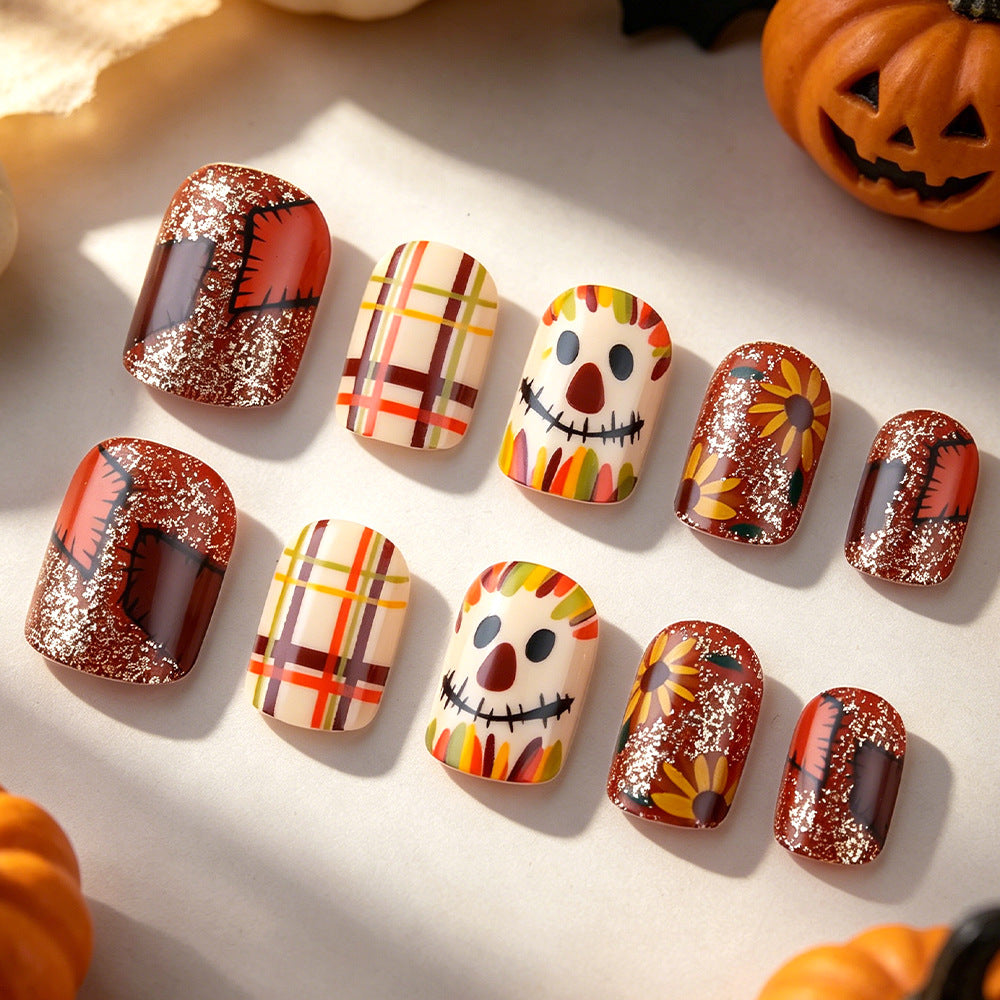 Autumn Vibes Short Square Rust Red Press-On Nail Set with Glitter and Fun Patterns