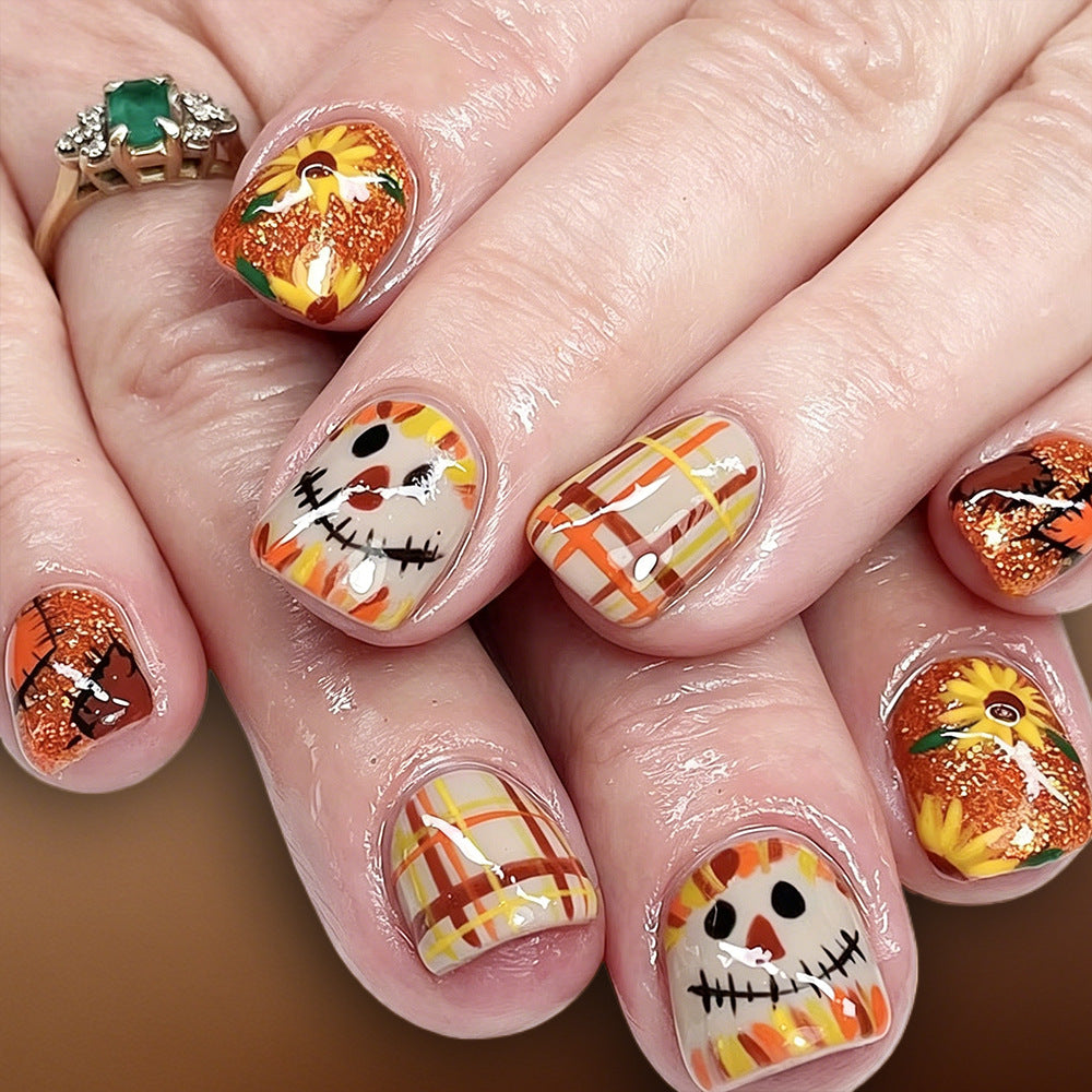 Autumn Delight Short Square Orange with Scarecrow and Sunflower Design Press on Nail Set