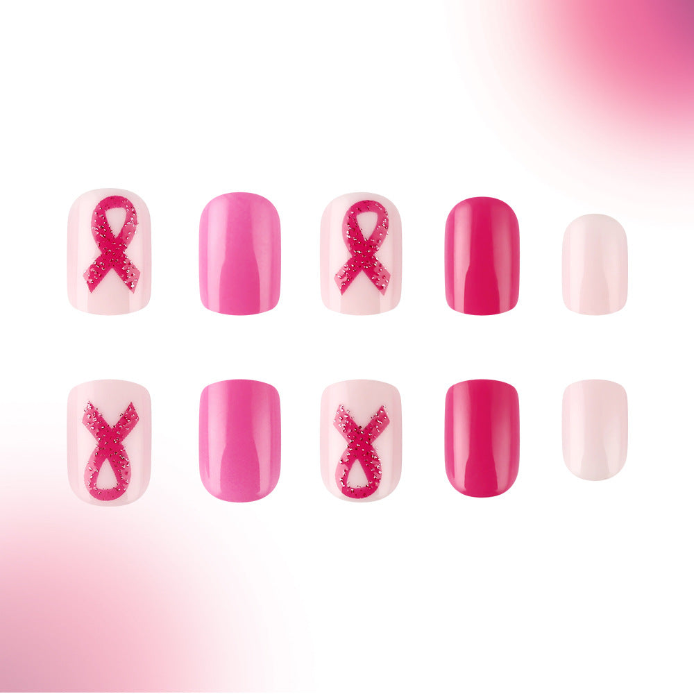 Charity Blossom Short Squoval Pink and Shimmering Ribbon Press On Nail Set