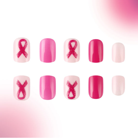 Charity Blossom Short Squoval Pink and Shimmering Ribbon Press On Nail Set