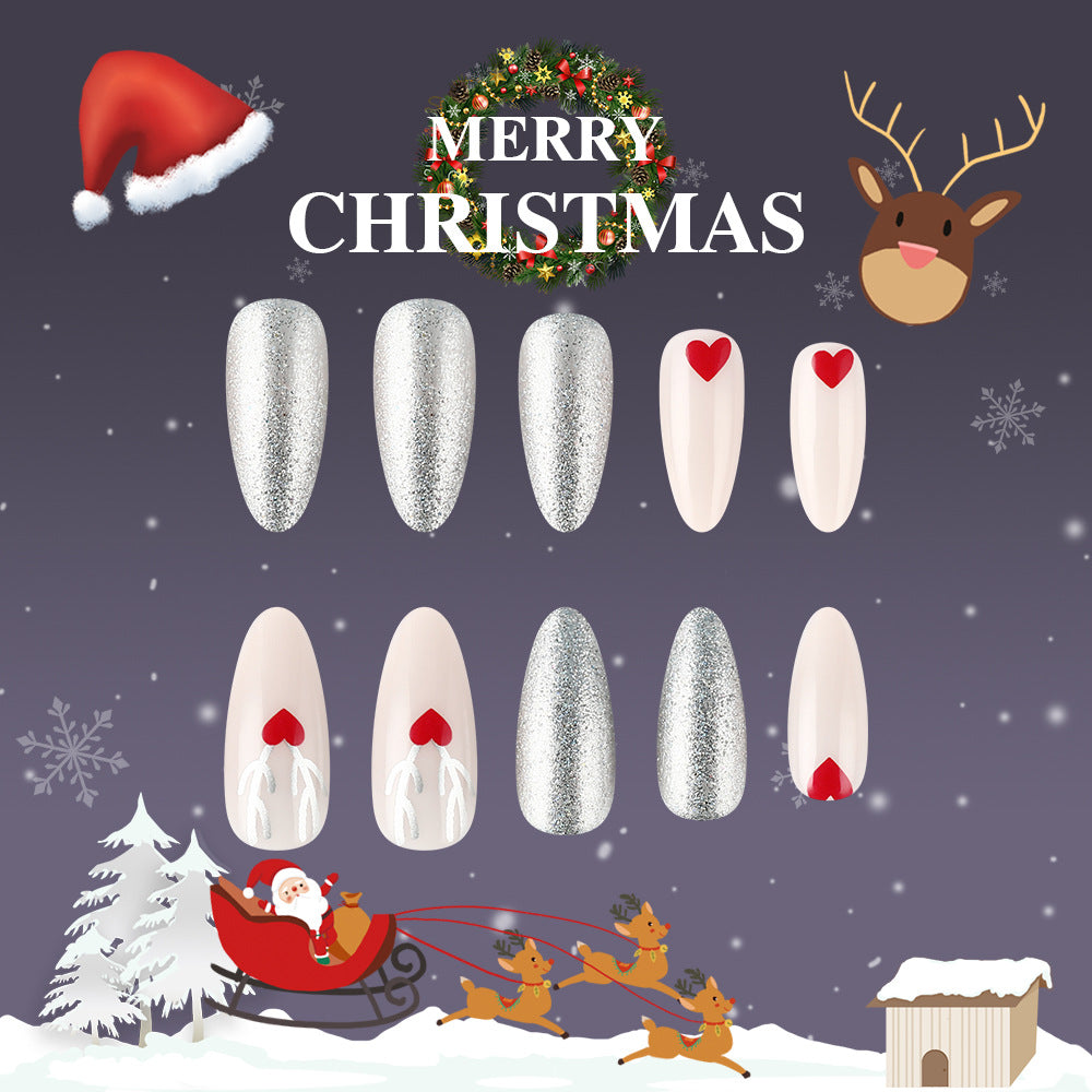 Festive Christmas Magic Long Almond Silver and White Press On Nails with Heart Designs