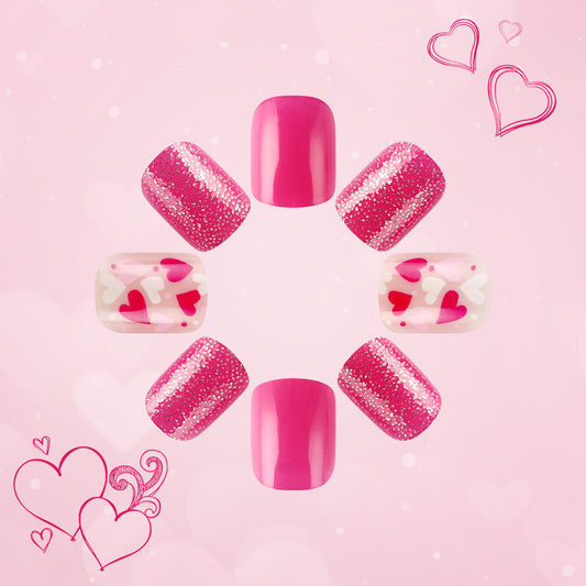 Cupid's Delight Glamorous Medium Square Pink Press On Nail Set Featuring Iridescent Heart Patterns and Sparkling Glitter