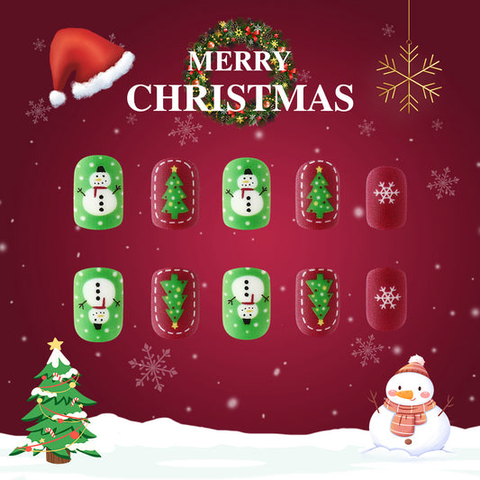 Festive Holiday Charm Short Oval Green and Red with Snowman and Christmas Tree Designs Press On Nail Set
