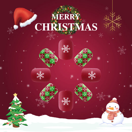 Festive Winter Wonderland Short Square Red and Green Plaid Press On Nail Set with Snowflake Design