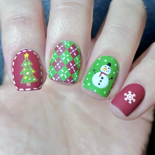 Festive Winter Wonderland Christmas Themed Short Square Green and Red Press On Nail Set Featuring Charming Snowman and Christmas Tree Designs