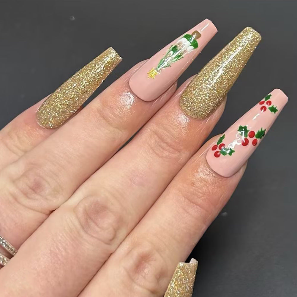 Festive Glamour Extra Long Coffin Shape Shimmering Gold with Artistic Holiday Designs Press On Nail Set