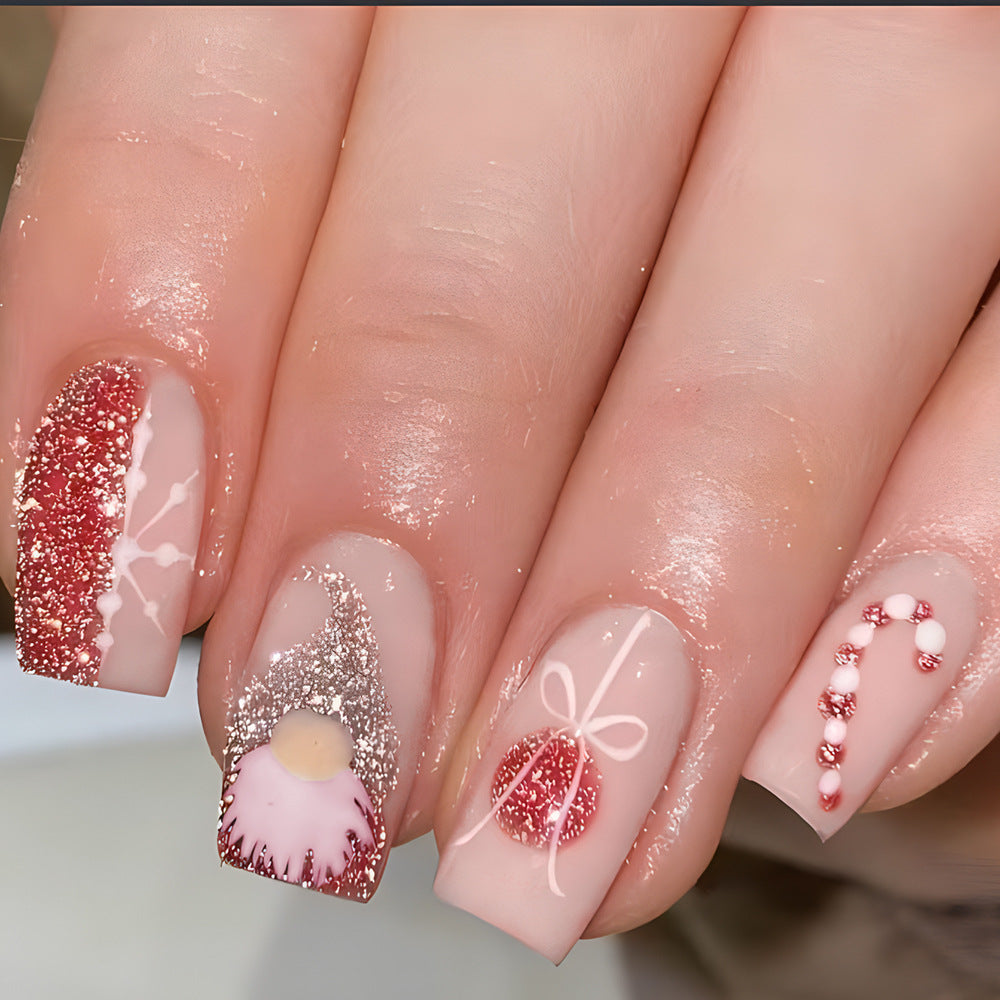 Festive Charm Short Square Red and Glittery with Whimsical Holiday Designs Press on Nail Set