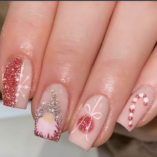 Festive Charm Short Square Red and Glittery with Whimsical Holiday Designs Press on Nail Set