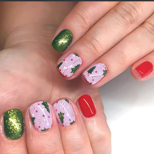 Festive Charm Square Short Green and Red Glitter Holiday Themed Press-On Nail Set