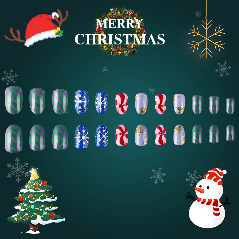 Festive Wonderland Medium Oval Green Red Candy Cane Glitter Press On Nail Set