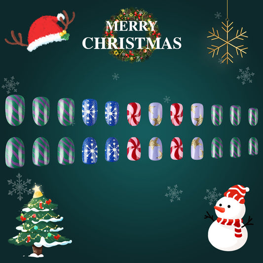 Festive Wonderland Medium Oval Green Red Candy Cane Glitter Press On Nail Set