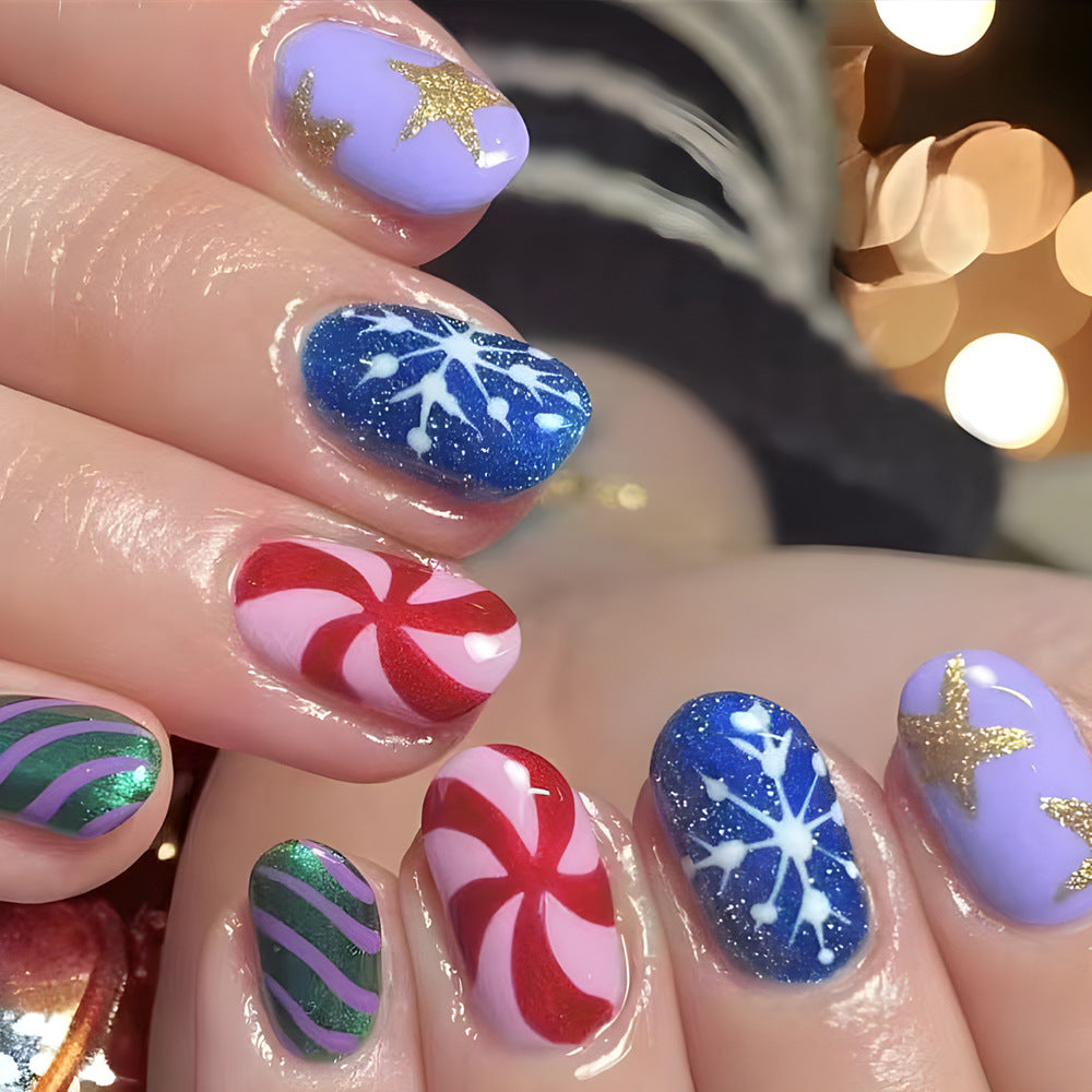 Holiday Charm Short Oval Colorful Glittering Press-On Nail Set with Festive Themed Designs