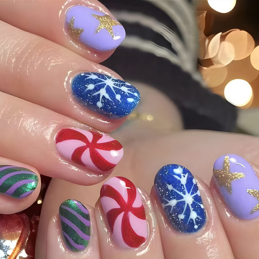 Holiday Charm Short Oval Colorful Glittering Press-On Nail Set with Festive Themed Designs