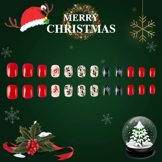 A set of Christmas-themed nail art designs, featuring a variety of red, green, white, and black colors with holiday motifs such as snowflakes, reindeer, and Christmas trees.