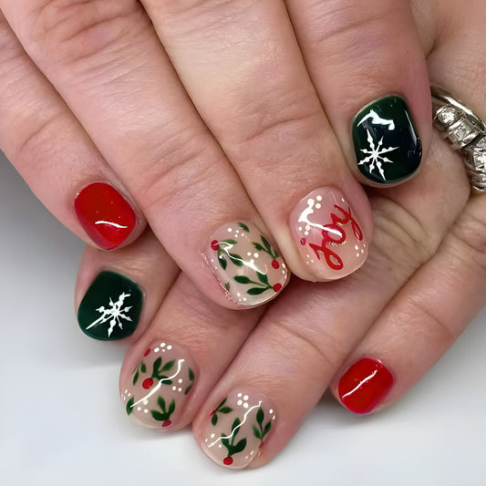 Holiday Cheer Squoval Short Multicolor Nail Set with Festive Holly and Snowflake Designs