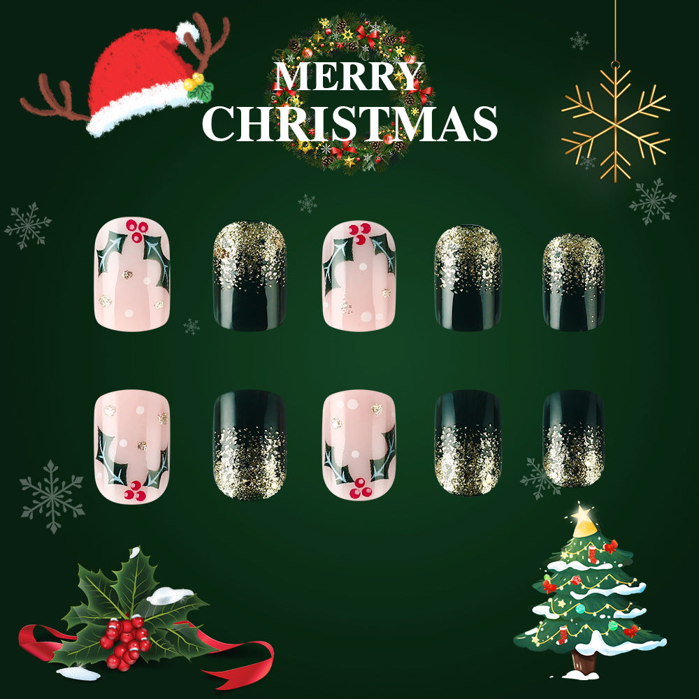 Christmas-themed nail art designs on a green background with festive decorations.