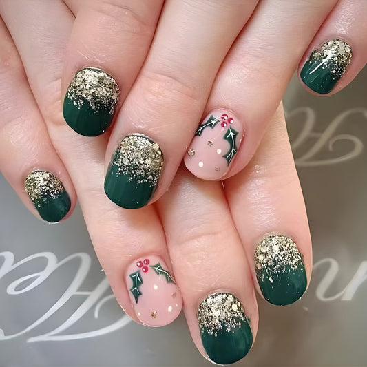 Holiday Glamour Short Round Emerald Green and Blush Pink Festive Holly with Glitter Press-On Nail Set