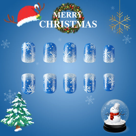 Winter Wonderland Blue Short Squoval Press On Nail Set with Sparkling Snowflake Design
