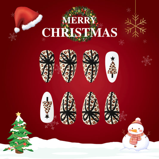 Festive Holiday Inspired Medium Almond Leopard Print Press On Nail Set Featuring Charming Christmas Tree Designs