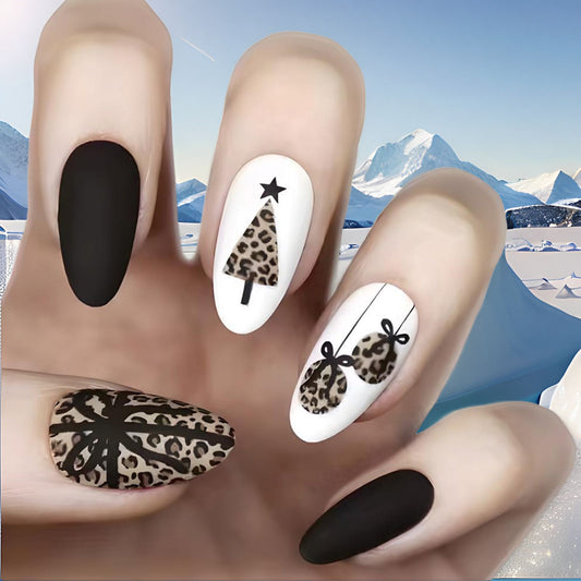 Winter Wonderland Inspired Medium Almond Black and White Leopard Print Nail Set with Unique Holiday Designs
