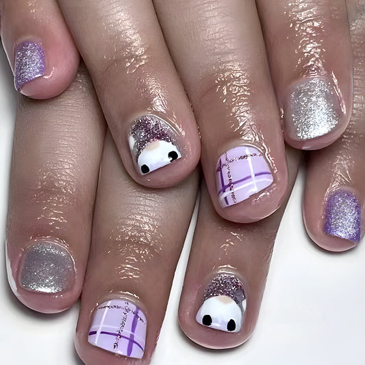 Whimsical Lavender Pop Press-On Nail Set Short Square Glittery Sparkle with Cute Cartoon Eyes