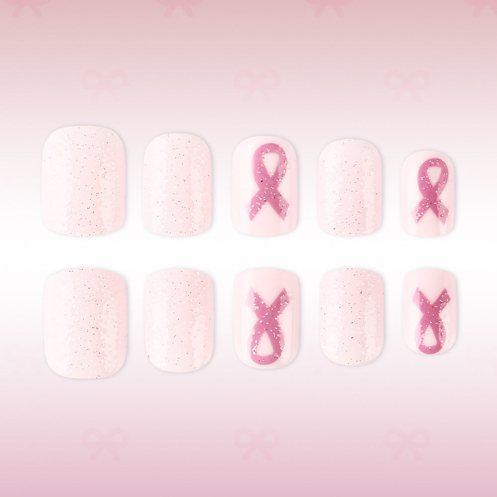 Charming Glittering Short Square Soft Pink Press On Nail Set with Ribbon Design
