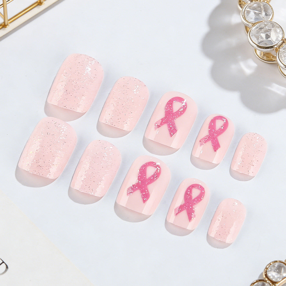 Chic Pink Sparkle Short Square Design with Breast Cancer Awareness Ribbons Press on Nail Set