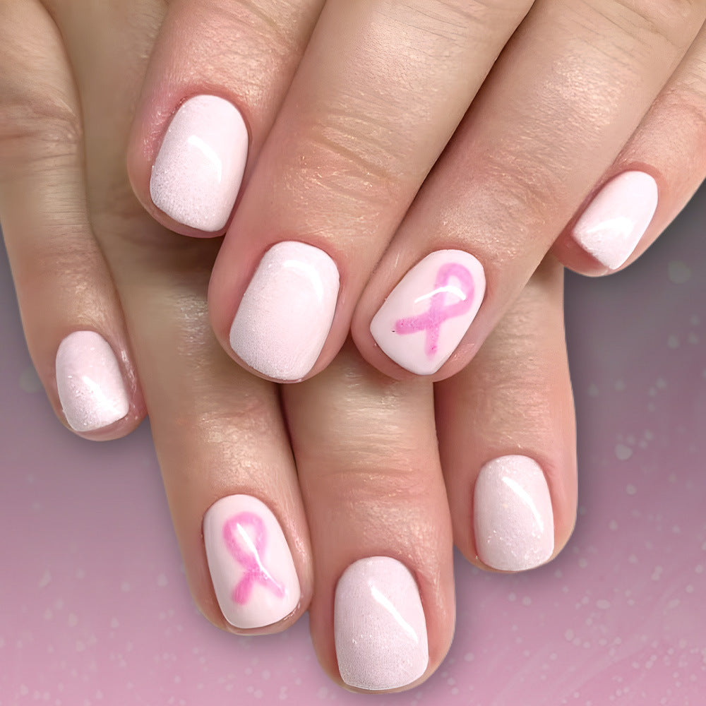 Elegant Pink Ribbon Short Square Glossy Nail Set