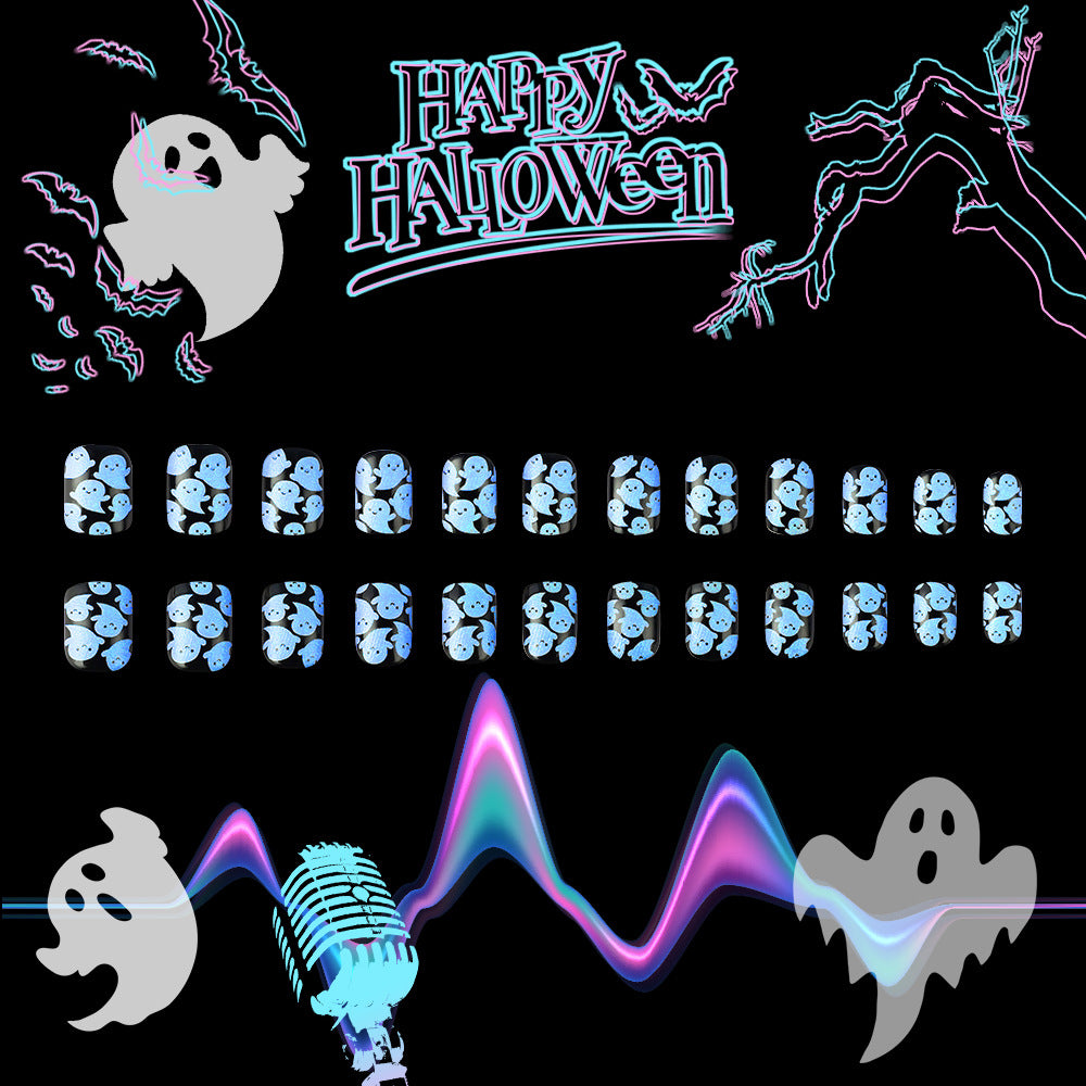 Spooky Spectacle Short Square Sky Blue Ghost Print Press On Nail Set