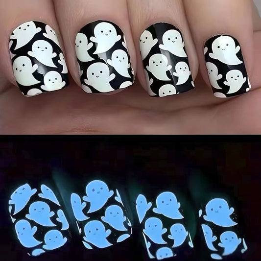 Spooky Spirit Glow Press-On Nail Set Short Square Black and White with Unique Glow-in-the-Dark Feature