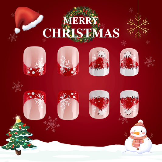 Festive Winter Wonderland Square Short Red and White with Glitter Snowflake Design Press-On Nail Set