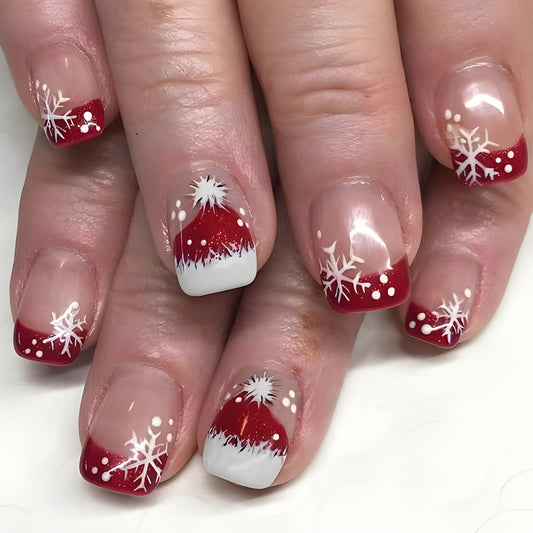 Festive Winter Wonderland Short Square Red and White Glittery Snowflake Press On Nail Set