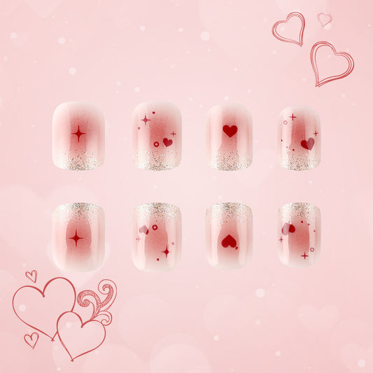 Sweetheart Dreams Short Square Pink with Glitter and Heart Accents Press-On Nail Set