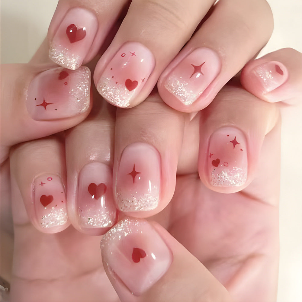 Enchanting Love Fantasy Short Square Pink Glitter Heart Press On Nail Set