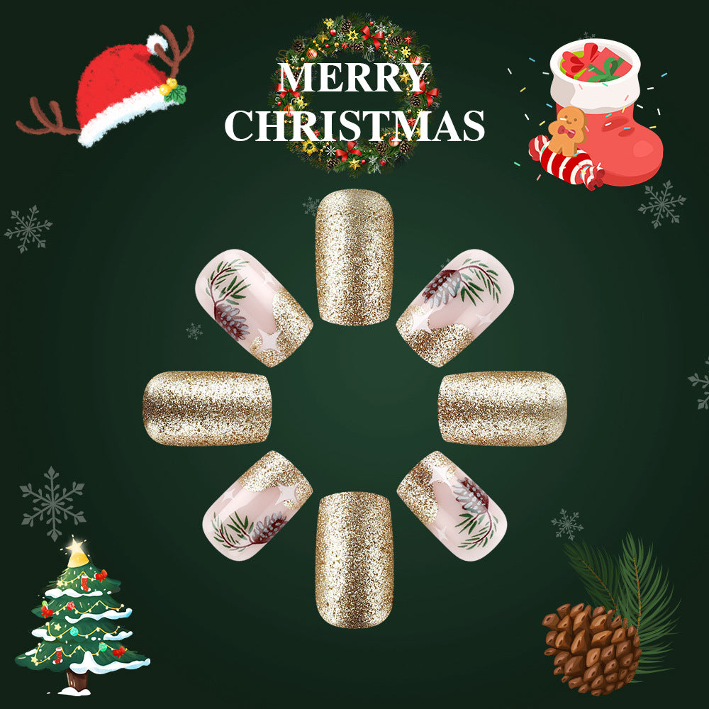Festive Holiday Sparkle Short Square Gold Glitter with Elegant Pine Design Press On Nail Set
