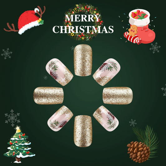 Festive Holiday Sparkle Short Square Gold Glitter with Elegant Pine Design Press On Nail Set