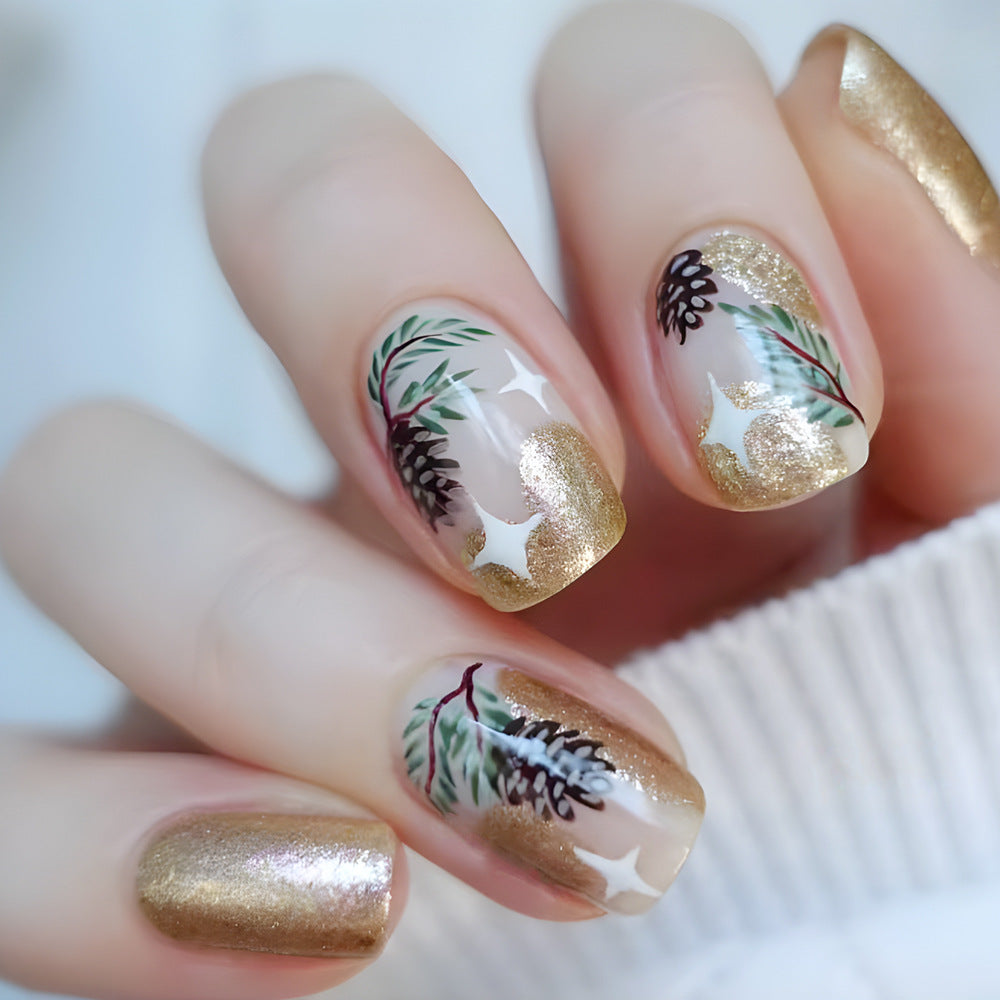 Enchanting Forest Inspired Short Square Gold Tipped Press On Nail Set with Pinecone and Leaf Design