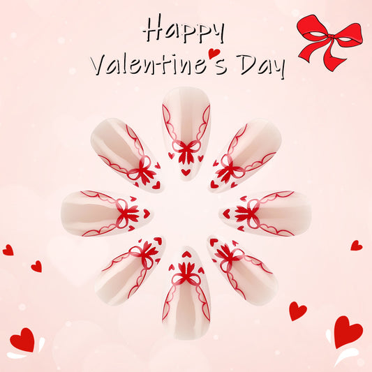 Romantic Love Theme Medium Almond Shaped Pink Nails with Red Bow and Heart Design